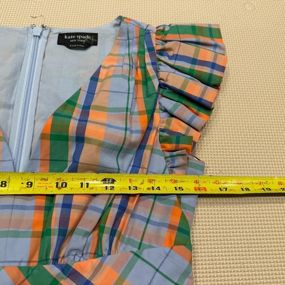 Kate Spade Pastel Plaid Tiered Ruffle Dress in Blue, Peach, Green Size 4 - Picture 11 of 13